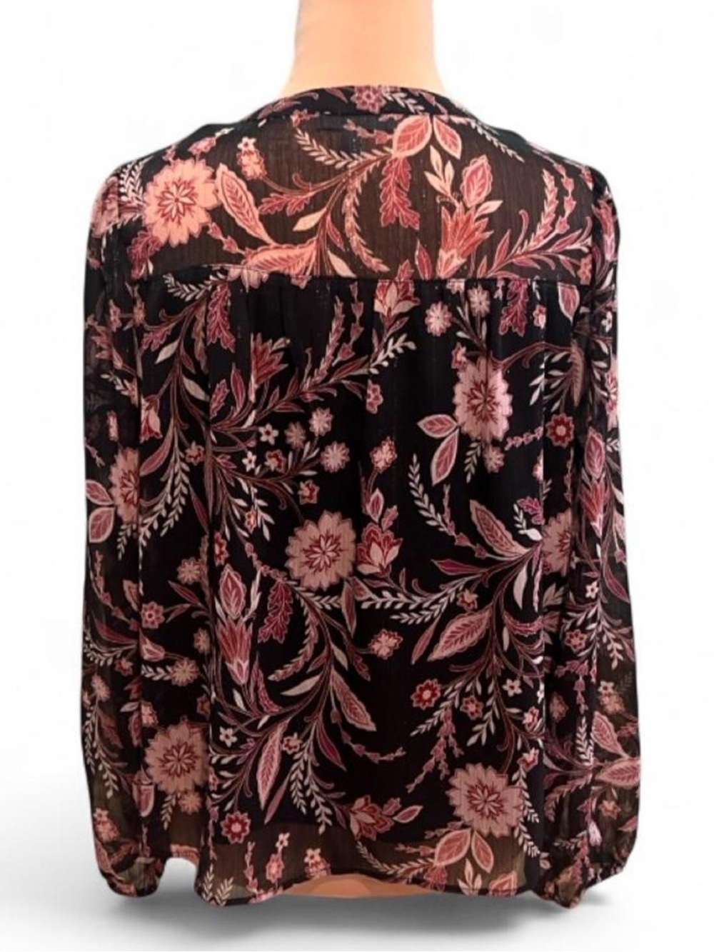 Floral Print Black & Pink Long-Sleeve Women's Blouse- Petite Small - Picture 3 of 6